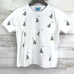 Alexandra Bartlett Womens White Knit‎ Sweater Sailboat Nautical Embroidered Sz L